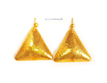 Custom Solid 24K 9999 Gold, 9g and 26g, Dome Hammered Triangles Ancient Greece Ancient Rome Earrings, 35mm and 50mm