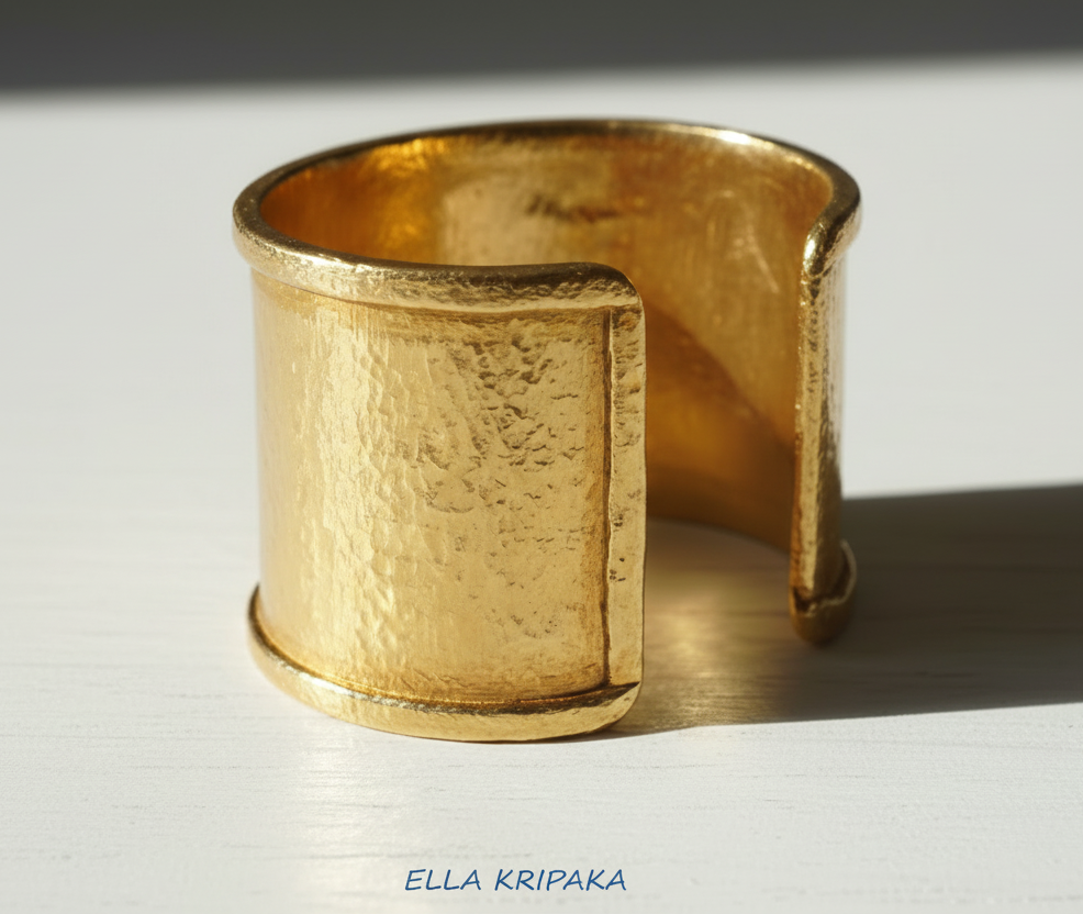 Hammered 24k 9999 gold bracelet large cuff Ancient Rome style with thick borders on a white wooden background, branding artist-jeweler name 'Ella Kripaka'