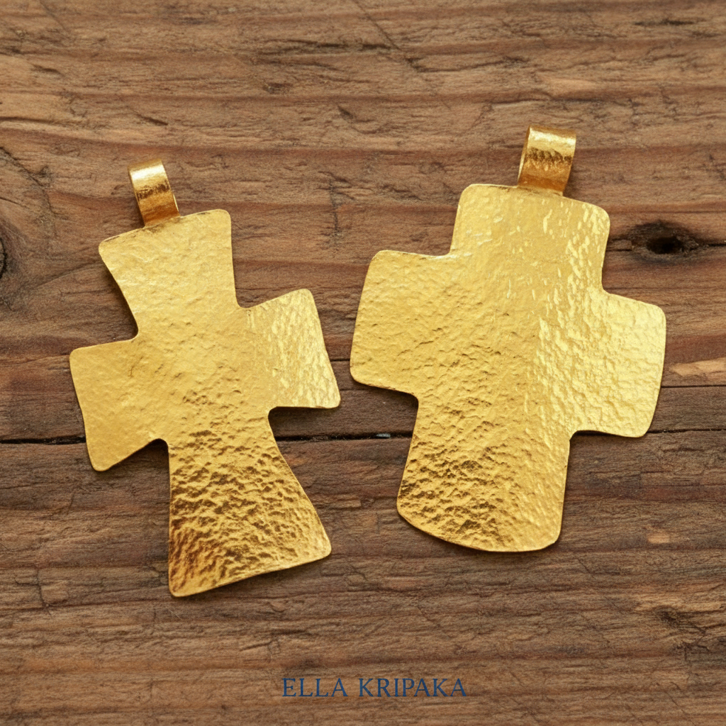 Two hammered 24k gold textured crosses pendants on a rustic wooden surface, artist-jeweler 'Ella Kripaka' branding