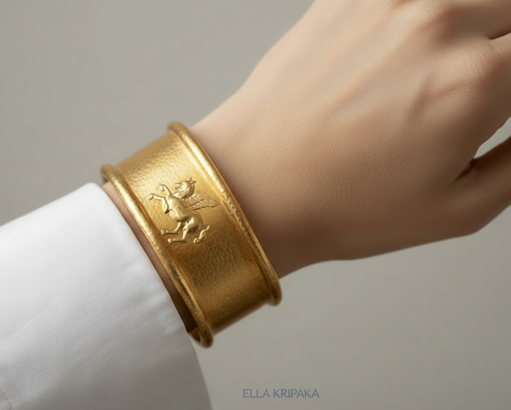 Hammered 24k 9999 gold bracelet with convex Pegasus on woman's wrist against a neutral background, artist-jeweler  'Ella Kripaka'