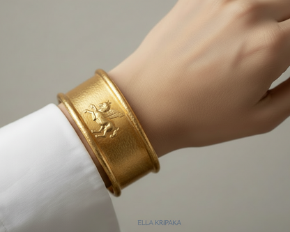 Hammered 24k 9999 gold bracelet with convex Pegasus on woman's wrist against a neutral background, artist-jeweler  'Ella Kripaka'