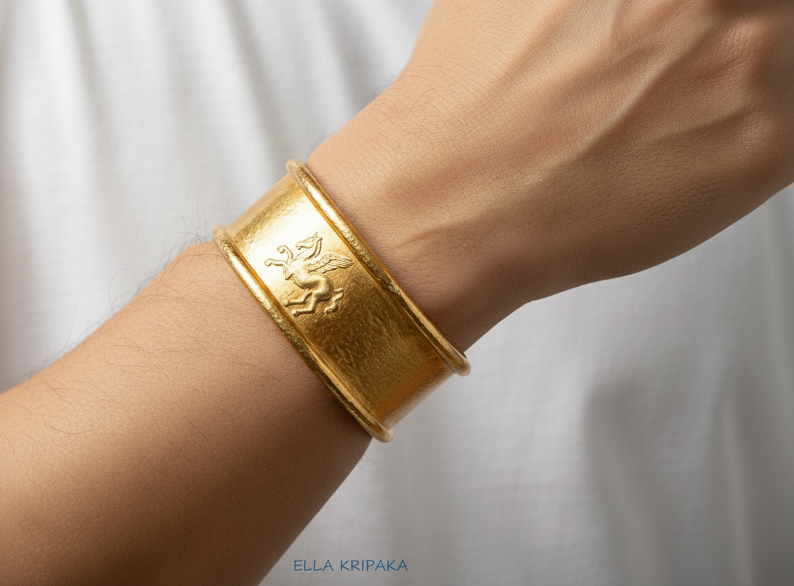Hammered 24k 9999 Gold bracelet cuff with convex Pegasus on man's wrist with a plain background, artist's name 'Ella Kripaka' branding