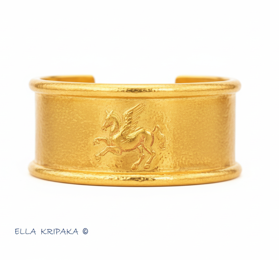 24k 9999 gold hammered Ancient Rome bracelet cuff with convex Pegasus on white background, indicating it is a custom-made jewelry with creator's name 'Ella Kripaka'