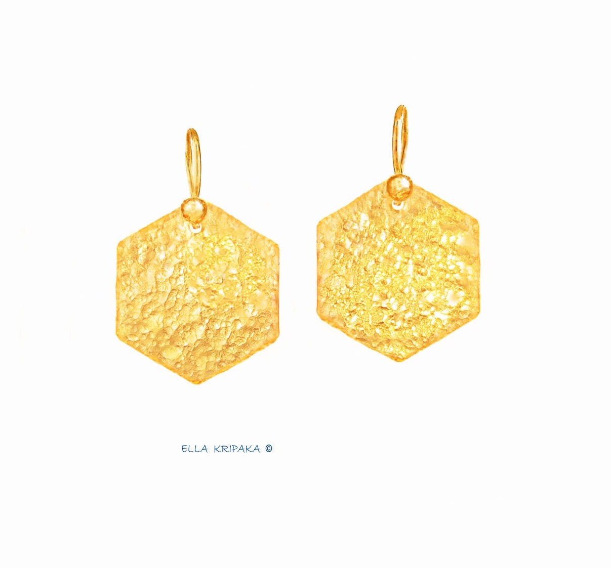 Custom Solid 24K 9999 Gold, 5.8g and 8.8g, Hammered Hexagon Earrings, Length 27mm and 33mm