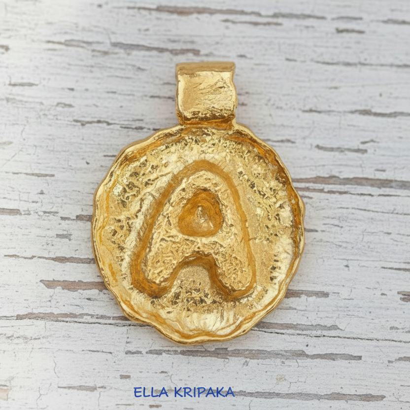 Hammered 24k 9999 Gold organic uneven pendant with letter 'A' on a wooden surface, artist's name 'Ella Kripaka' 