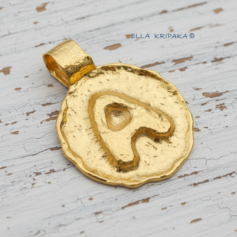 Hammered 24k 9999 Gold organic uneven pendant with letter 'A' on a wooden surface, artist's name 'Ella Kripaka' 