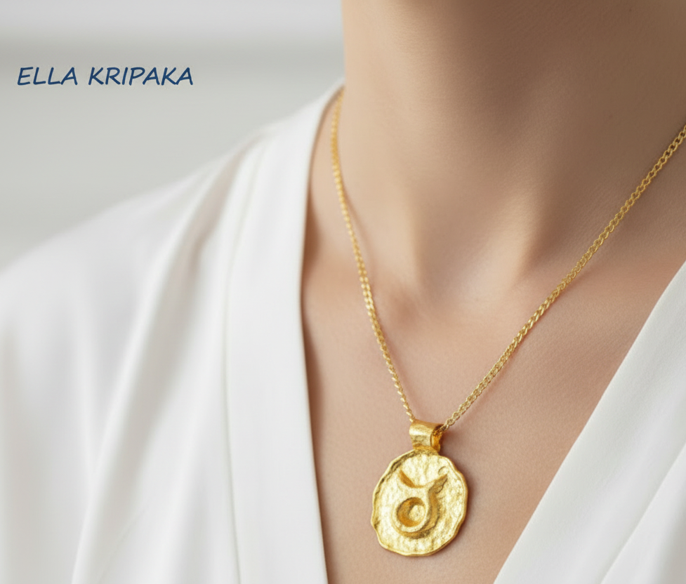 Hammered 24k 9999 gold Organic pendant with Taurus sign on chain wearing on woman with white shirt background, branding artist name 'Ella Kripaka'