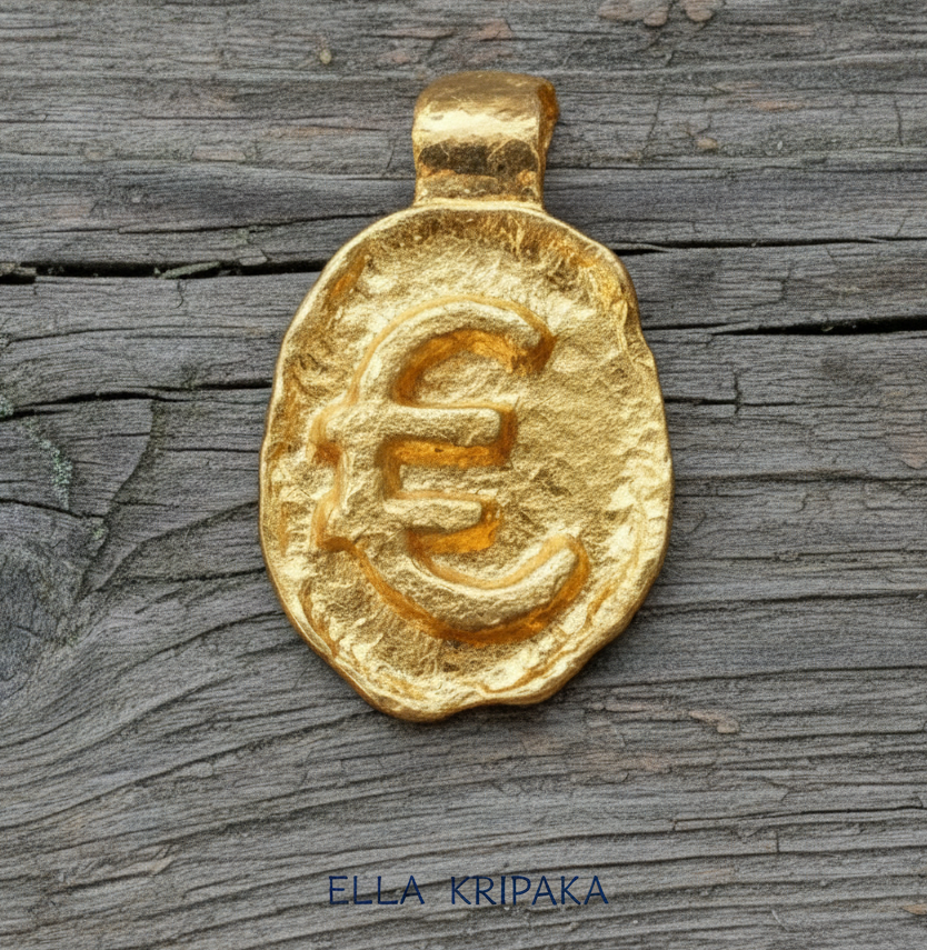 Organic 24k gold hammered uneven pendant with convex 'Euro' sign on a old wooden surface, branded artist 'Ella Kripaka'