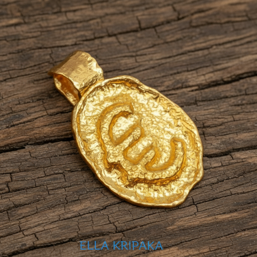 Organic 24k gold hammered uneven pendant with convex 'Euro' sign on a old wooden surface, branded artist 'Ella Kripaka'