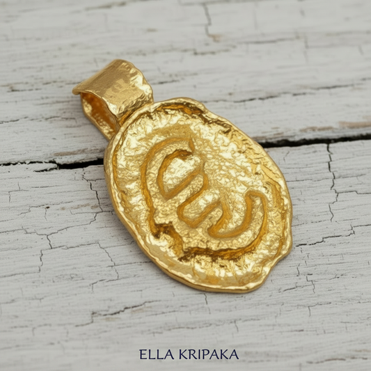Organic 24k gold hammered uneven pendant with convex 'Euro' sign on a old wooden surface, branded artist 'Ella Kripaka'