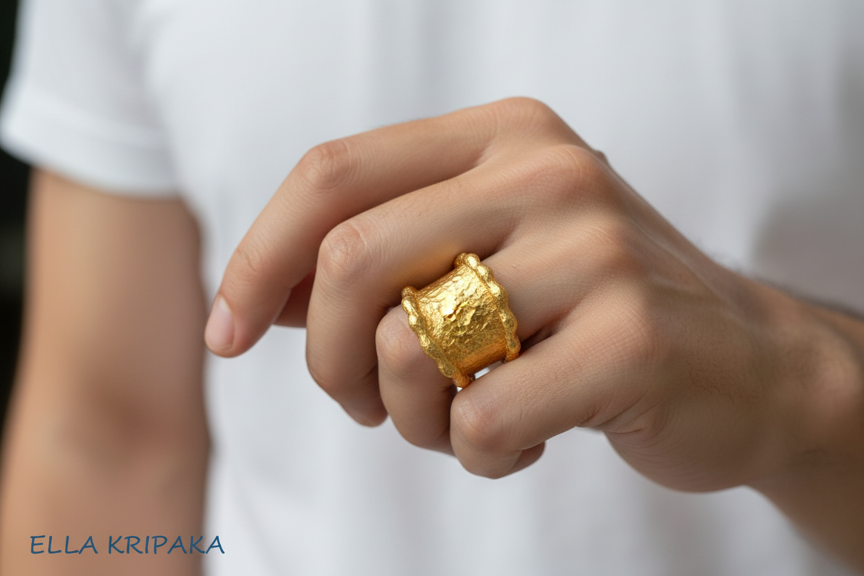 Organic hammered 24k 9999 Gold ring signet with uneven wavy thick edges on white old wooden surface, artist-jeweler's name 'Ella Kripaka' is written in picture