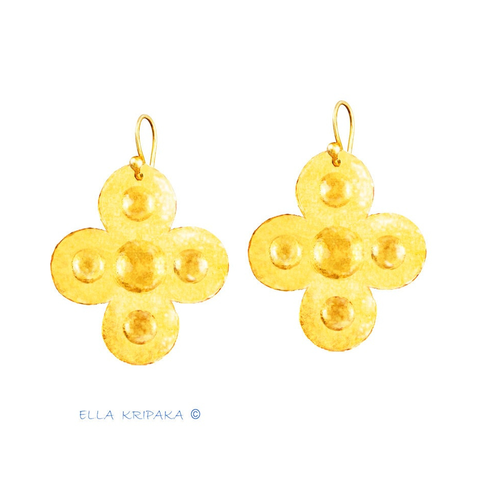 Hammered 24k 9999 Gold 8.7g &25.5g Byzantine Cross Earrings Can 22k