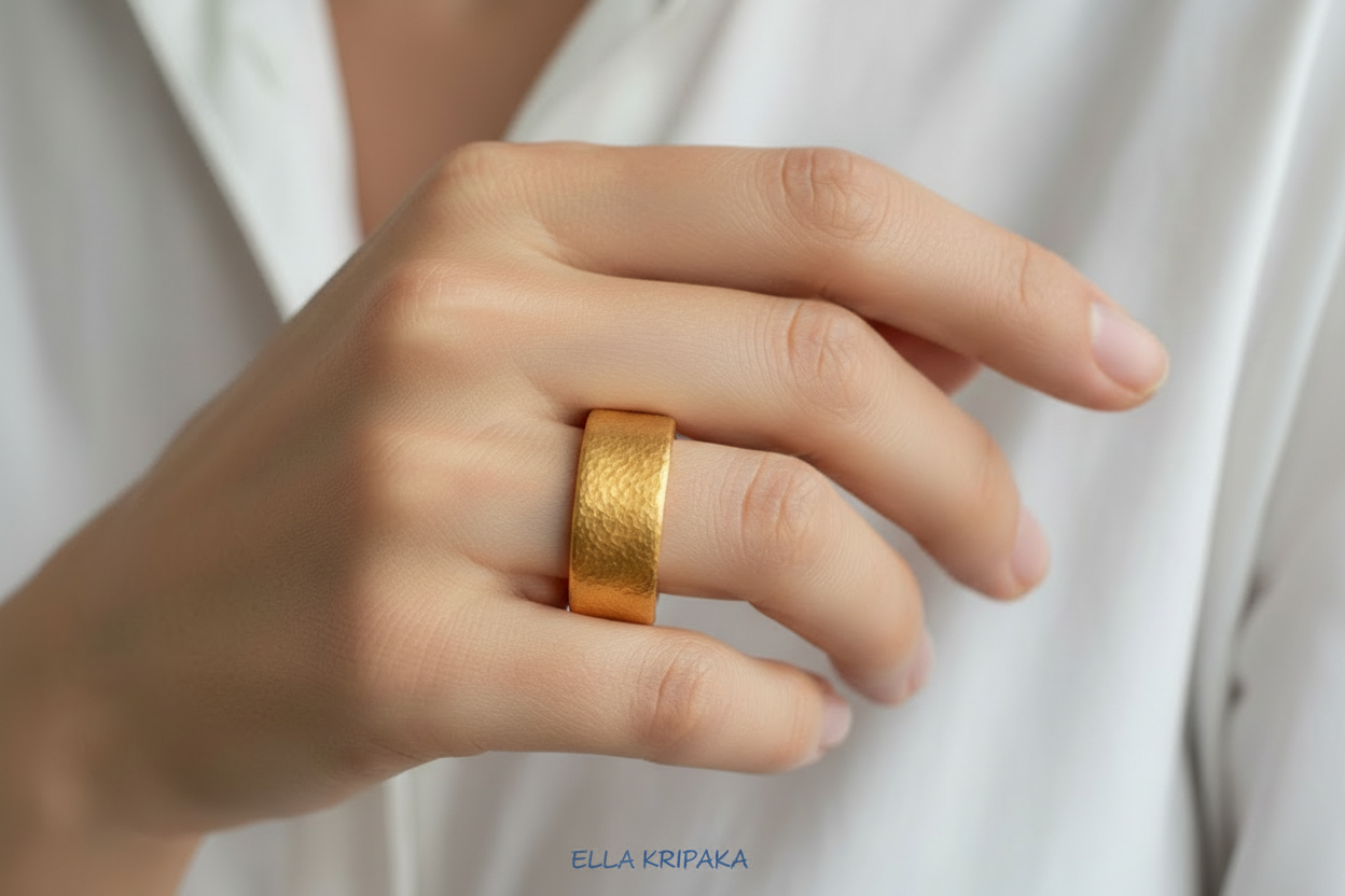 Hammered 24k 9999 Gold thick ring Ancient Rome style with a textured gold on person's finger on blurred white shirt backgroud, branded 'Ella Kripaka' artist-jeweler