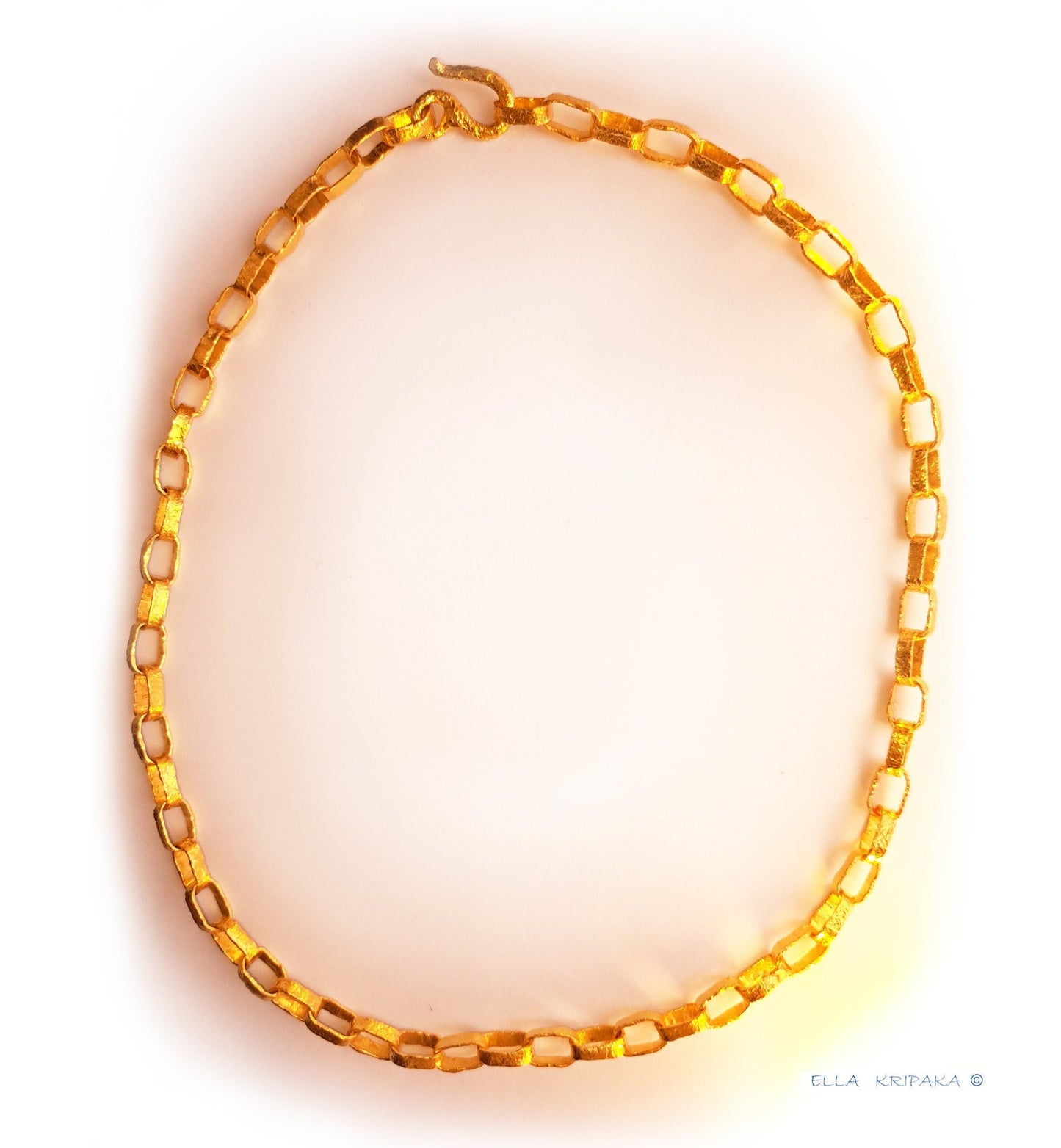 Custom Solid 24k 9999 Gold 110g, Hammered Chain Necklace as in Ancient Rome Durable, Link Wide 7.5mm Thick Hook Clasp