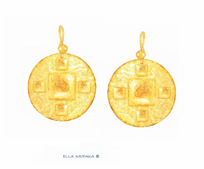 Custom Solid 24K 9999 Gold, 10g and 28g, Hammered Byzantine Empire Convex Pattern Disks Earrings, 35mm and 55mm