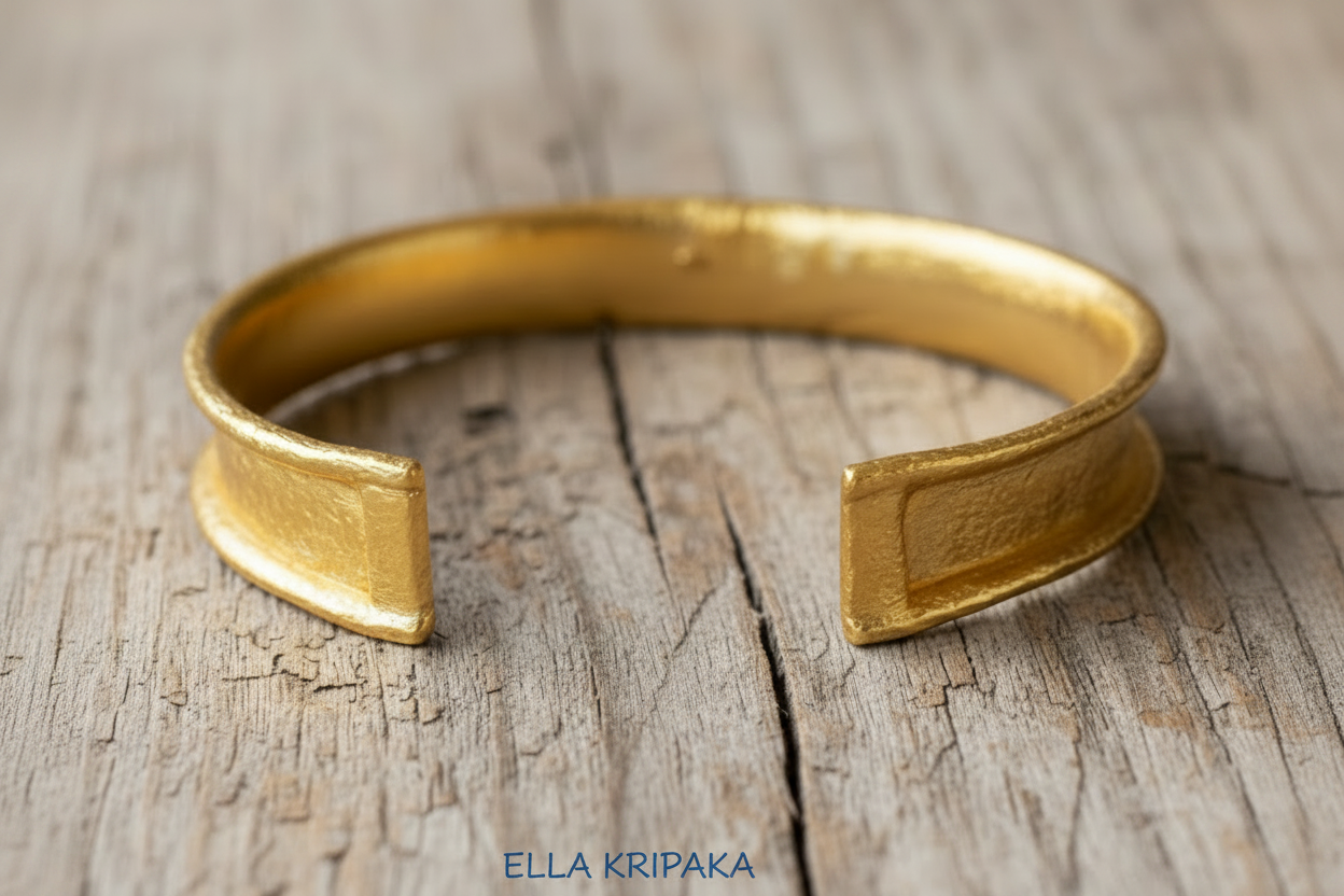 Hammered 24k gold bracelet cuff Ancient Rome style on light old wooden surface, branding artist-jeweler name 'Ella Kripaka'