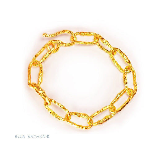 Custom Solid 24k 9999 Gold 50g, Hammered Organic Uneven Chain Bracelet Durable, Link Wide 12mm Thick Hook Clasp