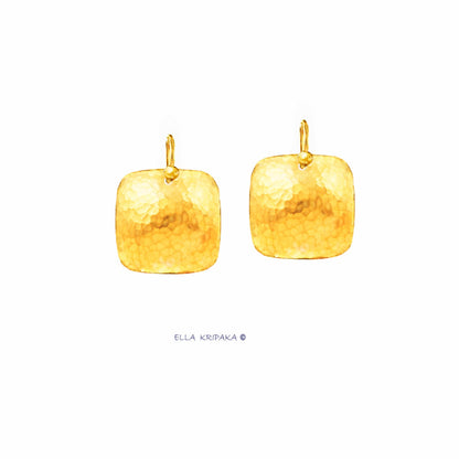 Custom Solid 24K 9999 Gold, 12.5g and 46g, Hammered Byzantine Empire Convex Square Earrings, Length 35mm and 55mm