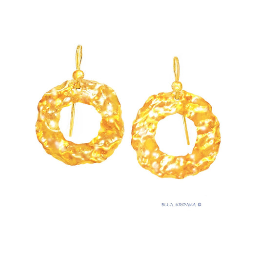 Custom Solid 24K 9999 Gold, 8.5g and 25g, Hammered Organic Wavy Hoops Earrings, 35mm and 55mm