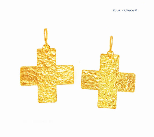 Custom Solid 24K 9999 Gold, 8g and 25g, Hammered Byzantine Empire Cross Earrings, 35mm and 55mm