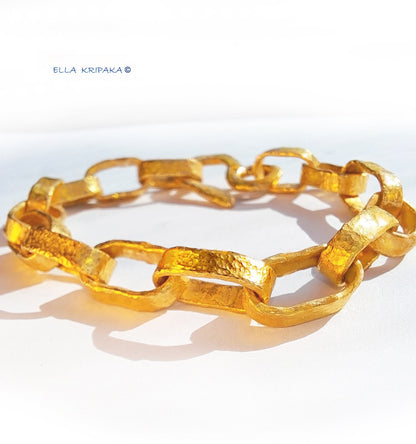 Custom Solid 24k 9999 Gold 68g, Hammered Chain Bracelet as in Ancient Rome Durable, Link Wide 10mm Thick Hook Clasp