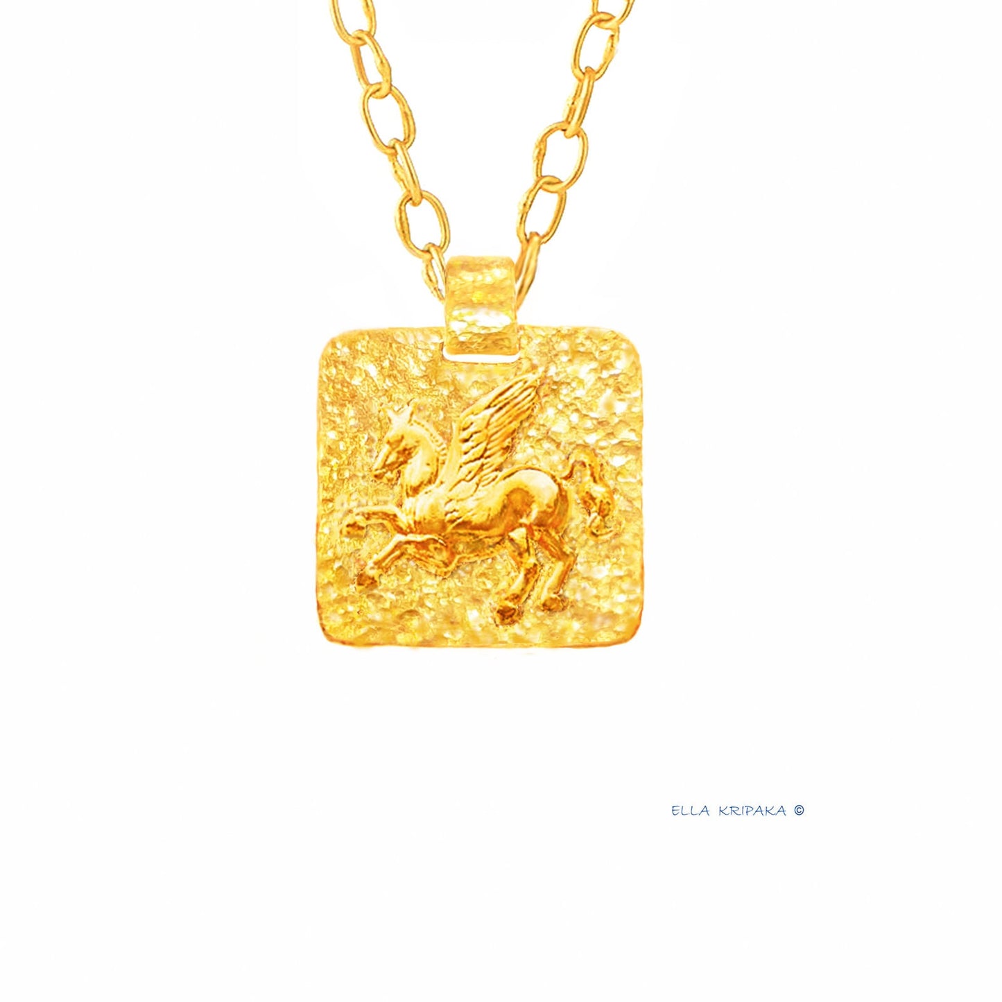 Custom Solid 24k 9999 Gold 9g and 25g, Hammered Square With Convex Pegasus Ancient Rome, Ancient Greece Pendant Durable, Length 35mm and 56mm