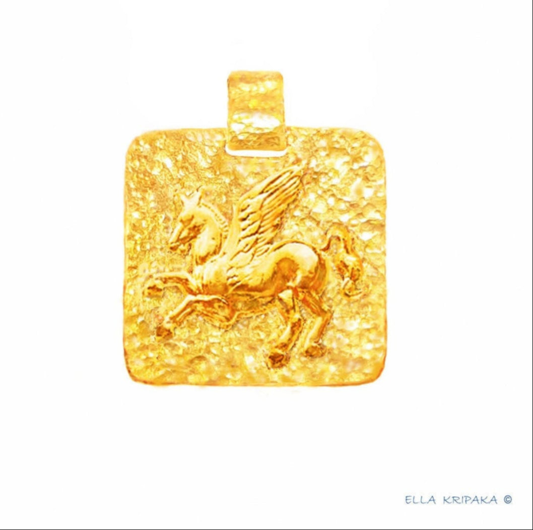 Custom Solid 24k 9999 Gold 9g and 25g, Hammered Square With Convex Pegasus Ancient Rome, Ancient Greece Pendant Durable, Length 35mm and 56mm