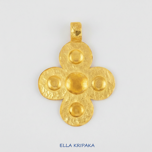 24k 9999 gold hammered Byzantine cross pendant with forged gold textures is on a white surface, artist's name 'Ella Kripaka'