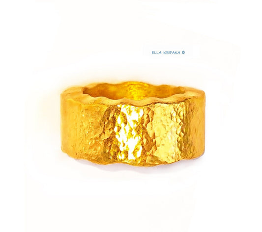 Custom Solid 24k 9999 Gold 42g Hammered Organic Wavy Ring Durable Not Hollow Inside, Wide 10mm Thick 3.5mm