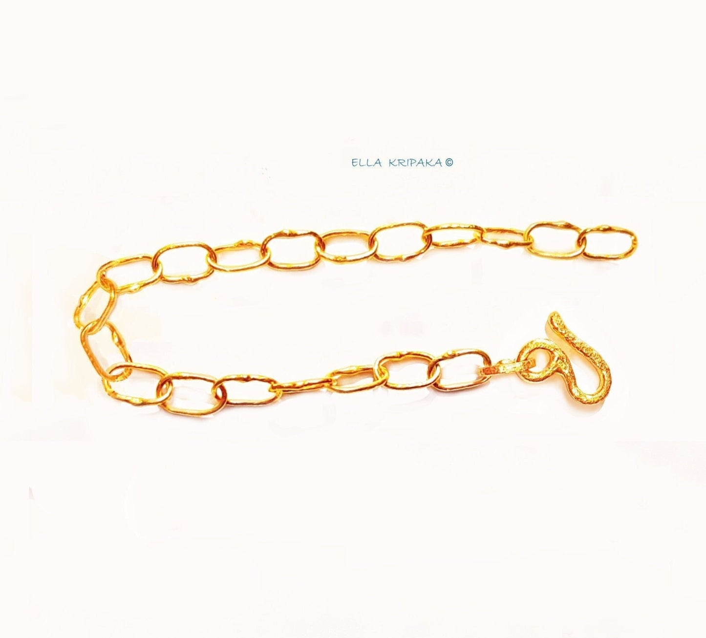 Custom Solid 22k 92.5% Gold 12g Hammered Chain Bracelet Durable, Link Wide 7.6mm With Thick Parts On Link, Thick Hook Clasp