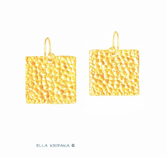 Custom Solid 24K 9999 Gold, 11g and 34g, Hammered Organic Square Earrings With Concave Big Reliefs, Length 35mm and 55mm