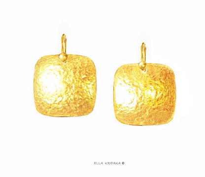 Custom Solid 24K 9999 Gold, 12.5g and 46g, Hammered Byzantine Empire Convex Square Earrings, Length 35mm and 55mm