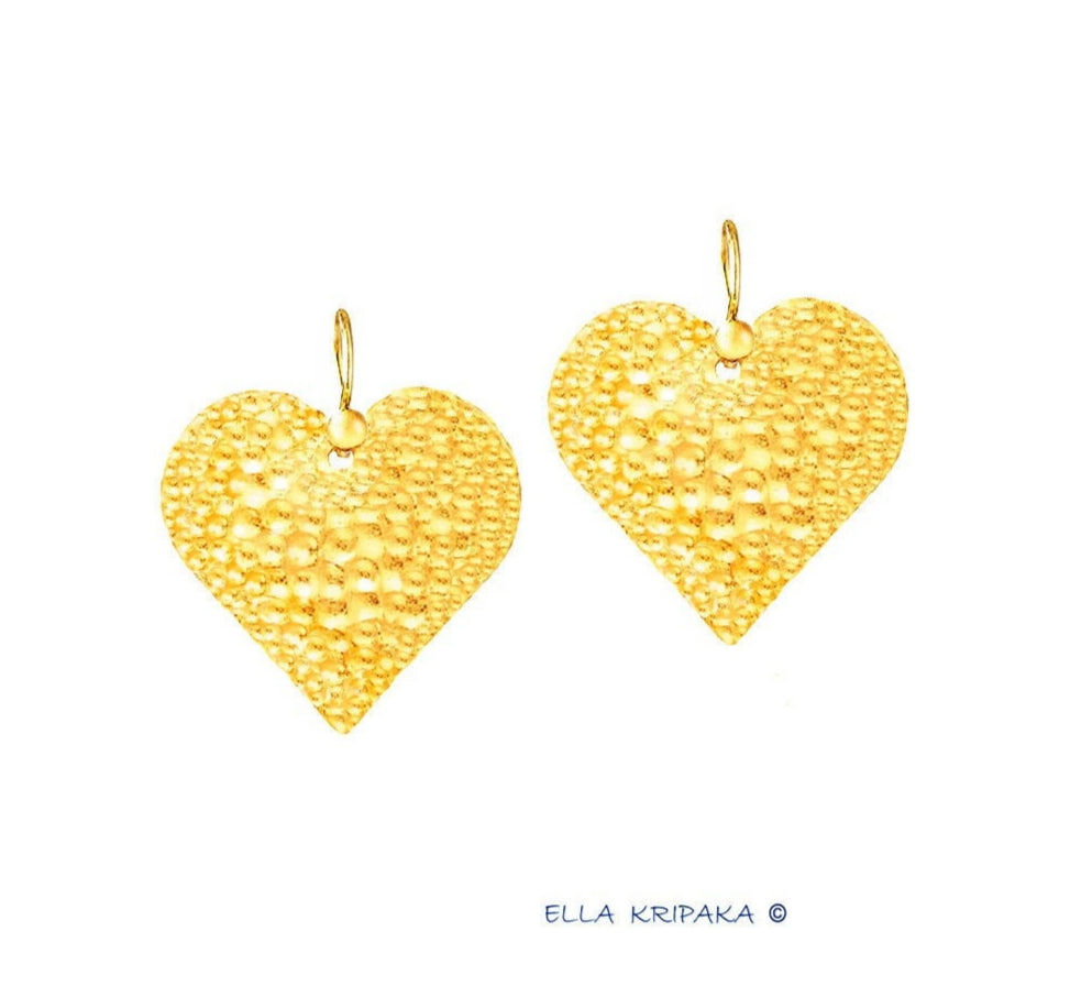 Custom Solid 24K 9999 Gold, 8.5g and 25g, Hammered Organic Big Reliefs, Hearts Earrings, 40mm and 60mm