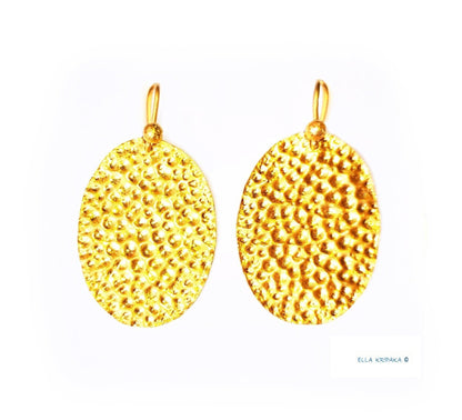 Custom Solid 24K 9999 Gold, 8.5g and 25g, Hammered Organic Big Reliefs Ovals Earrings, 40mm and 60mm