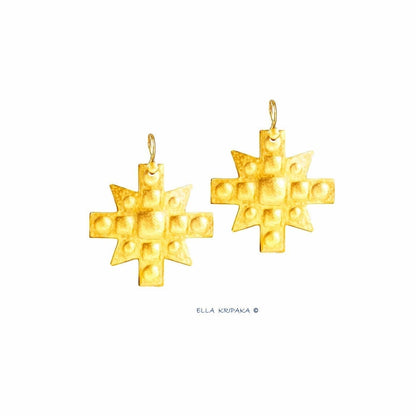 Custom Solid 24K 9999 Gold, 8.5g and 25g, Hammered Byzantine Empire Cross Convex Pattern Earrings, 35mm and 55mm