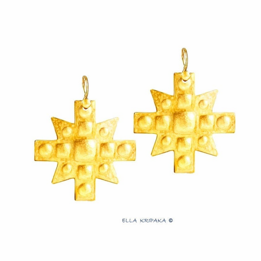 Hammered 24k 9999 Gold 8.7g &25.5g Byzantine Cross Earrings Can 22k