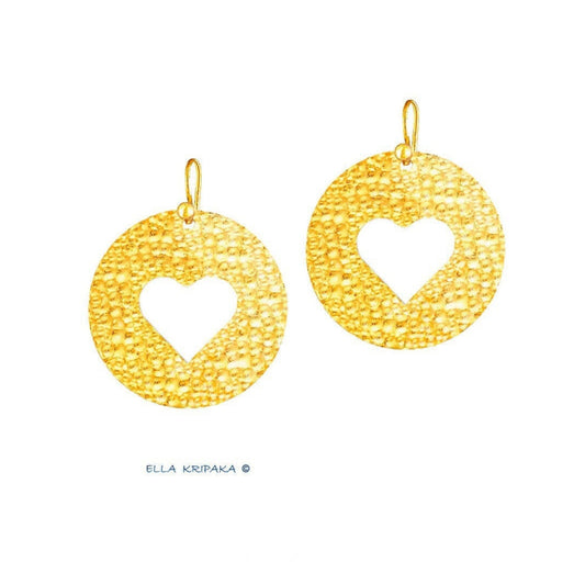 Custom Solid 24K 9999 Gold, 8.5g and 25g, Hammered Organic Big Reliefs Hoops With Hearts Earrings, 40mm and 60mm