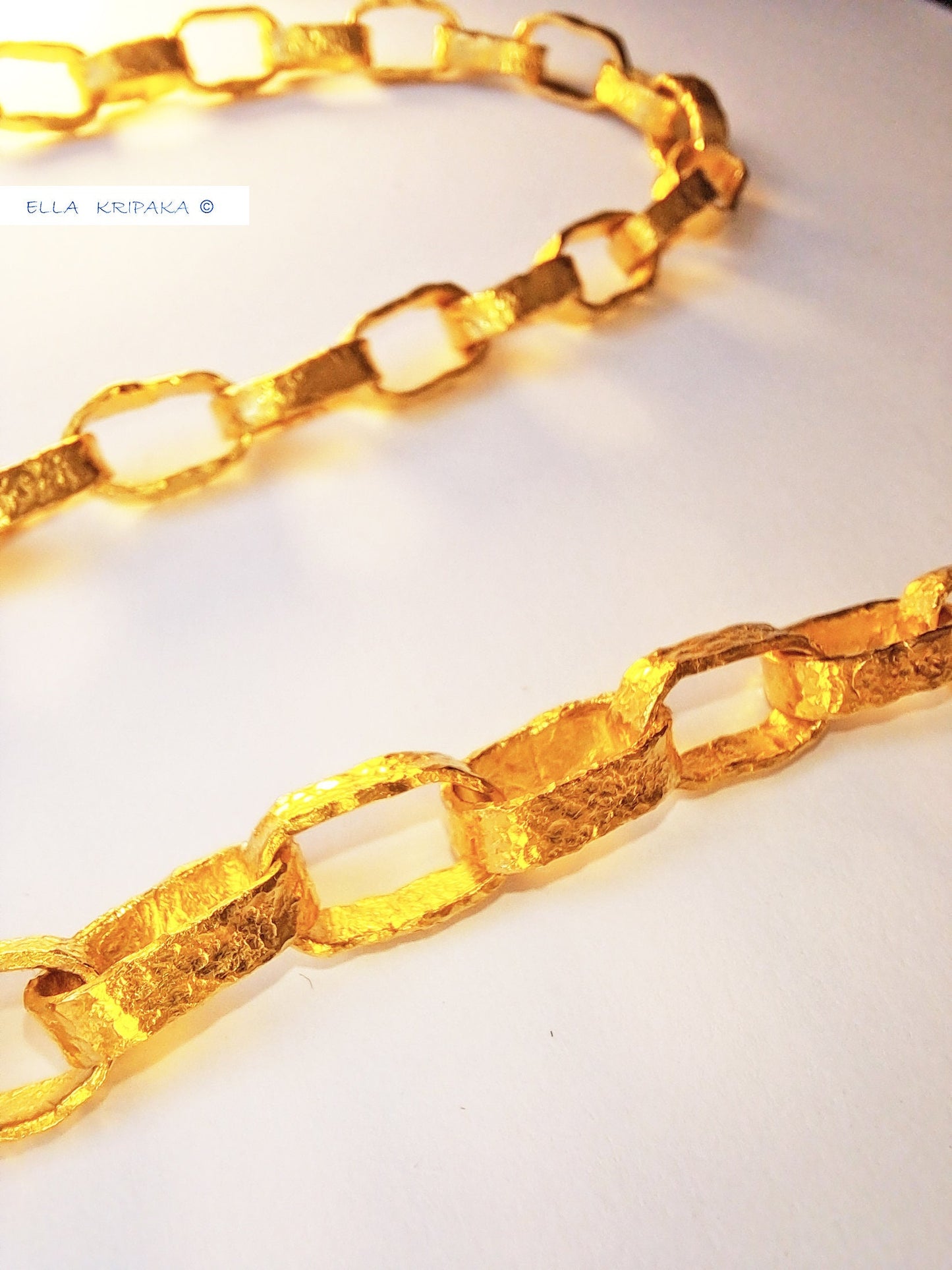 Custom Solid 24k 9999 Gold 110g, Hammered Chain Necklace as in Ancient Rome Durable, Link Wide 7.5mm Thick Hook Clasp