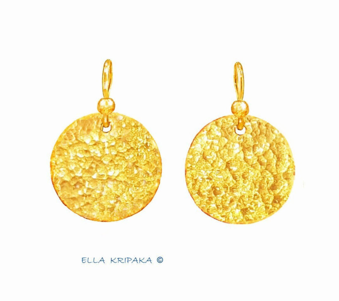 Custom Solid 24K 9999 Gold, 5.8g and 8.8g, Hammered Disk Earrings, Length 25mm and 30mm