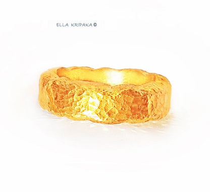 Custom Solid 24k 9999 Gold 24.5g Hammered Organic Wavy Ring Durable Not Hollow Wide 6.5mm Thick 3.5mm