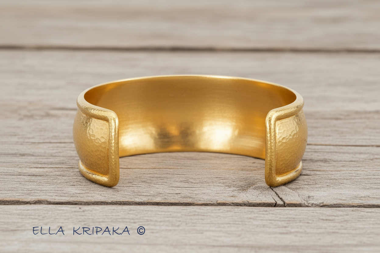 24k 9999 gold hammered Ancient Rome bracelet cuff on old wooden background, and with creator's name 'Ella Kripaka'