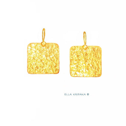 Custom Solid 24K 9999 Gold, 11.5g and 19g, Hammered Square Thick Earrings, Length 25mm and 30mm