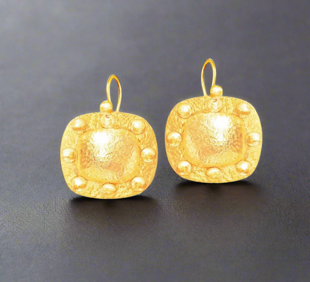 Custom Solid 24K 9999 Gold, 12.5g and 46g, Hammered Byzantine Empire Convex Square Earrings, Length 35mm and 55mm