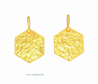 Custom Solid 24K 9999 Gold, 5.8g and 8.8g, Hammered Hexagon Earrings, Length 27mm and 33mm