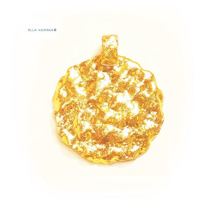 Custom Solid 24k 9999 Gold 9.5g and 27g, Hammered Organic Wavy Disk Pendant Durable, Length 35mm and 56mm