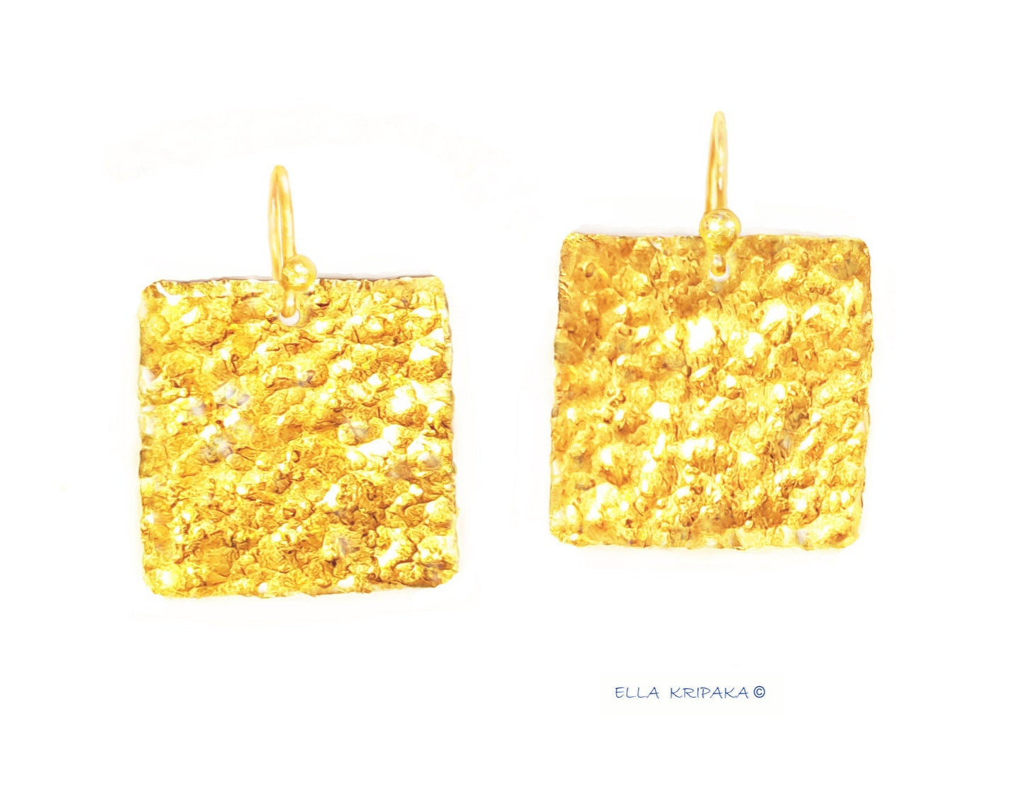 Custom Solid 24K 9999 Gold, 11g and 34g, Hammered Organic Square Earrings, 35mm and 55mm