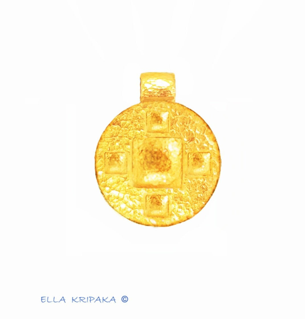 Custom Solid 24k 9999 Gold 13g and 35g, Hammered Byzantine Empire Disk Convex Pattern Durable Pendant, Length 35mm and 56mm