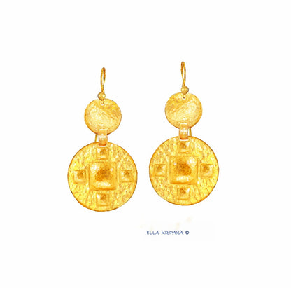 Custom Solid 9999 24k Gold 15g and 36g Hammered Byzantine Empire Convex Pattern Earrings, Length 50mm and 75mm