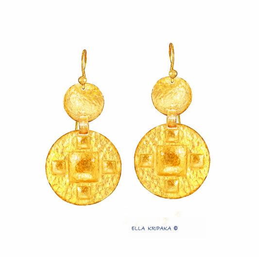 Custom Solid 9999 24k Gold 15g and 36g Hammered Byzantine Empire Convex Pattern Earrings, Length 50mm and 75mm