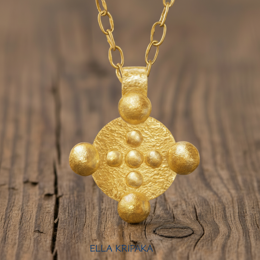 24k 9999 gold hammered Byzantine disk pendant with forged gold textures is on a old woiden surface, artist's name 'Ella Kripaka'